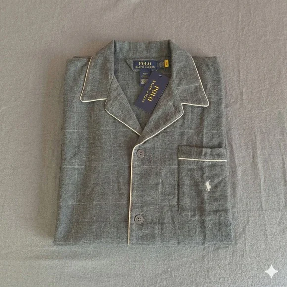 Polo Ralph Lauren Mens Grey Windowpane Flannel Pajama Shirt Sleep Top Size M New - Picture 4 of 16